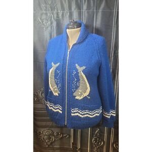 Blue Vintage Hand-Knit Fisherman Zip Cardigan - Size L/XL - Wool Blend